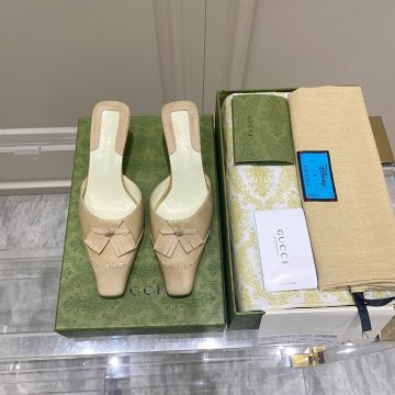  Gucci Beige Leather Kitten Heels Broguing Detail Female Tassel Decoration Slippers Price Online