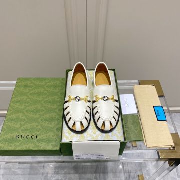  Gucci Talete Horsebit Blue GG Logo Detail Round Hollowed-out Toe Women's White Cutout Leather Loafers 