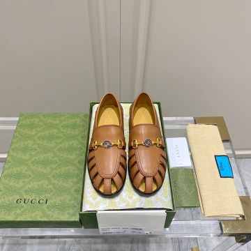 Replica Gucci Talete Brown Cutout Leather Golden Horsebit & Blue Interlocking G Detail Summer Ventilate Loafers For Ladies