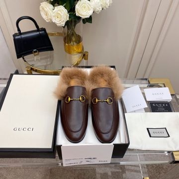 Cheapest Fur Lining Yellow Gold Princetown Horsebit Brown Leather Slip On - Imitation Gucci Female Round Toe Mules