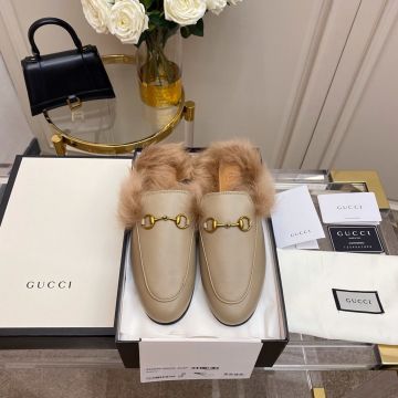 Fashion Princetown Horsebite Round Toe Fur Lining Slip On Grey Leather - Replica Gucci Mules For Ladies 