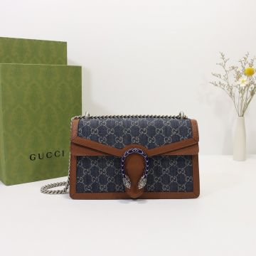 Top Quality Blue Denim GG Pattern Brown Leather Trim Silver Tiger Head Accessory Dionysus— Gucci Small Shoulder Bag For Ladies
