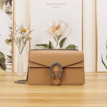For Sale Ocher Leather Chain Shoulder Strap Flap Design Crystal Silver Closure Dionysus— Gucci Elegant Women's Small Shoulder Bag