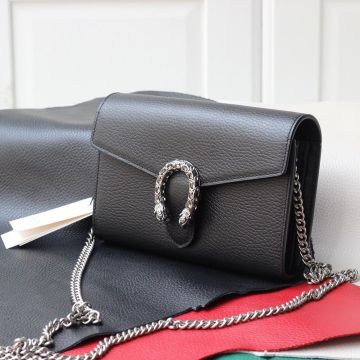 Clone Gucci Dionysus Black Leather Silver Snap Closure Wallet Compartment Medium Long Chain Shoulder Strap Bag