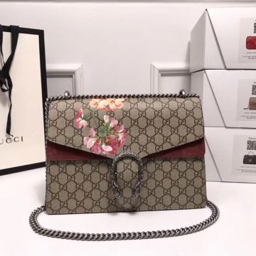  Gucci Dionysus Collection GG Canvas Pink Geranium Print Dark Red Suede Trim Medium Women'S Premium Shoulder Bag