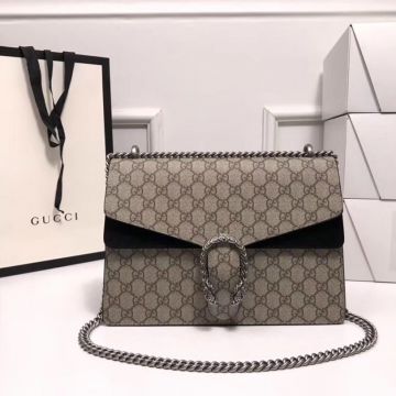 High End Black Suede Trim GG Canvas Double Tiger Head Silver Closure Chain Detail Dionysus— Gucci Classic Women'S Medium Bag
