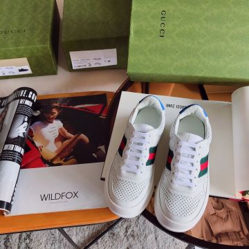 Latest Red-Green House Web Band GG Logo Printing Blue Back - Imitation Gucci White Perforated Leather Women's Sneakers 670415 UPG10 9060