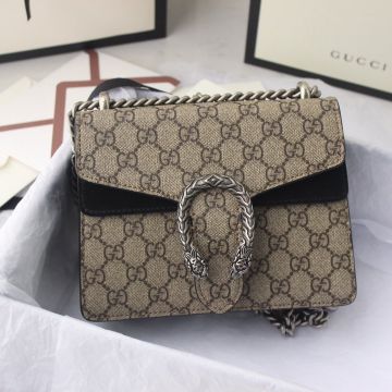  Gucci Dionysus Ebony GG Supreme Canvas Black Suede Trim Silver Tone Hardware Detail Ladies Mini Shoulder Bag 