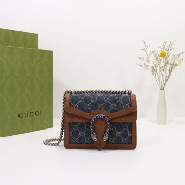  Gucci Denim Dionysus Double G Jacquard Brown Leather Trim Blue Enamel Embellished Silver Accessories Women'S Mini Bag