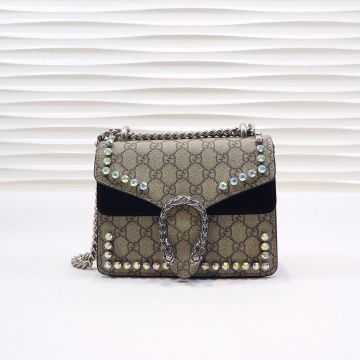 Clone Gucci Dionysus Supreme Canvas Black Suede Trim Crystal Patches Silver Chain Shoulder Strap Women'S Chic Mini Wallet