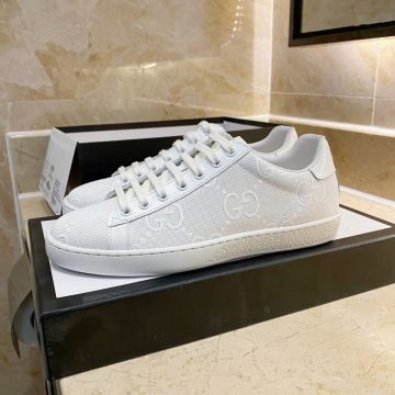 Classic Style Gucci Ace Unisex Low Top Lace Up GG Pattern White Leather Perforated Sneakers 660135 1XK10 9022