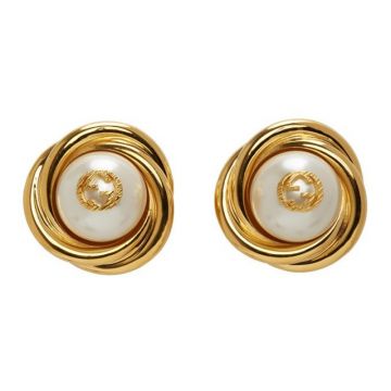 Luxury Gucci Interlocking G Gold-tone Brass White Faux-pearl Clip-on Fastening Earrings For Ladies Fashion Jewellery Replica
