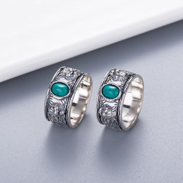 Women's Hot Selling Gucci Interlocking G & Feline Head Detail Turquoise-coloured Tone Trimming Aged Silver Ring For Men