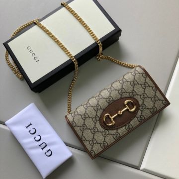 Women's Gucci Horsebit 1955 GG Supreme Canvas Beige Leather Yellow Gold Plated Chian Fake Wallet 621892 92TCG 8563