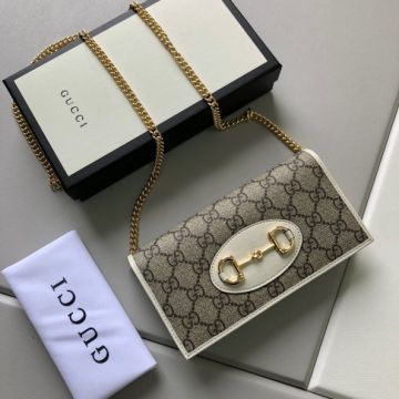 Gucci Best Quality Horsebit 1955 Female White Leather GG Supreme Canvas Snap Button Chain Wallet 621892 92TCG 9761