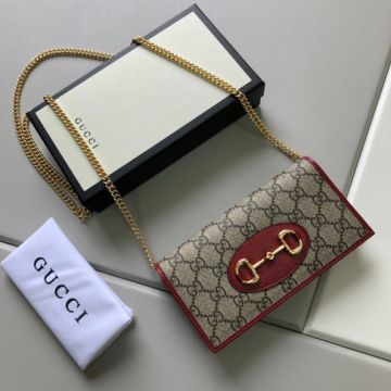 2021 Fashion Gucci Horsebit 1955 Red Leather GG Supreme Canvas Women Yellow Gold Plated Chian Wallet  
