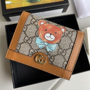 Gucci Lovely Style Gucci Disney x Bear Printing Coffee Leather GG Supreme Canvas Short Wallet For Ladies