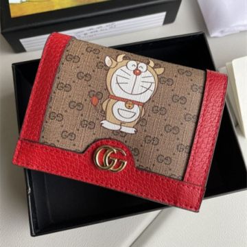Top Sale Gucci Disney x Doraemon Pattern Yellow Gold GG Signature Women Red Leather GG Supreme Bifold Wallet