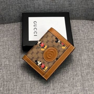 Best Price Gucci GG Supreme Canvas Disney x Mickey Mouse Women Short Bifold Wallet Coffee Leather Online 