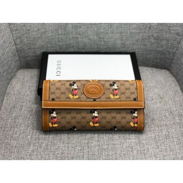 Disney x Gucci Fashion Mickey Pattern Coffee Leather GG Supreme Canvas Women Long Wallet Replica 
