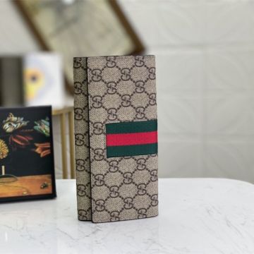 2021 Cheapest Gucci GG Supreme Web Male Logo Printing Red-Green Band Detail Long Flap Wallet Beige