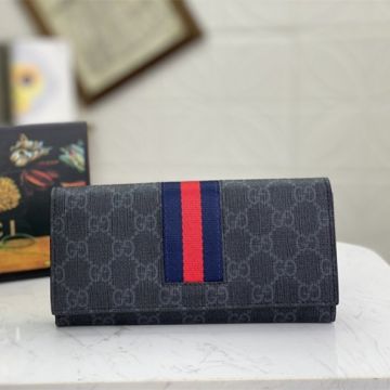 Gucci New GG Supreme Red-Blue Web Band Detail Black Canvas Men Long Flap Wallet Price Online Replica