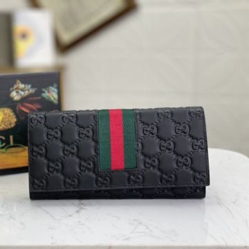 2022 New Gucci Signature Web Black Leather GG Logo Pattern Red-Green Band Trimming Men Long Flap Wallet
