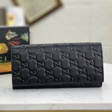2022 Best Gucci Signature Black Leather GG Embossed Printing Flap Design Men Long Continental Wallet For Sale Replica