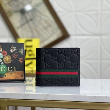 Men's Fashion Gucci Signature Web GG Logo Embossed Pattern Red-Green Band Detail Bifold Short Wallet Online