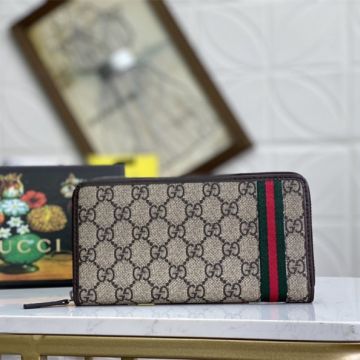 High End Gucci GG Supreme Web Coated Canvas Red-Green Band Logo Detail Long Zippy Wallet For Men