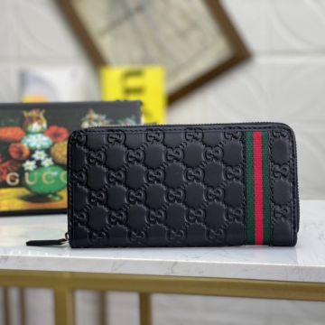 Best Gucci Signature Red-Green Web Detail GG Embossing Men  Black Leather Long Zipper Wallet