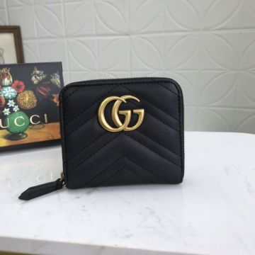 Hot Selling Gucci GG Marmont Short Style Brass GG Signature Female Black Quilted Leather Zipper Wallet UK 