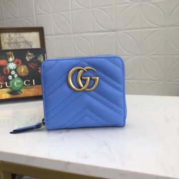 Women's High End Gucci Bule Quilted Leather GG Marmont Brass Signature Short Design Zipper Wallet Price List Replica 