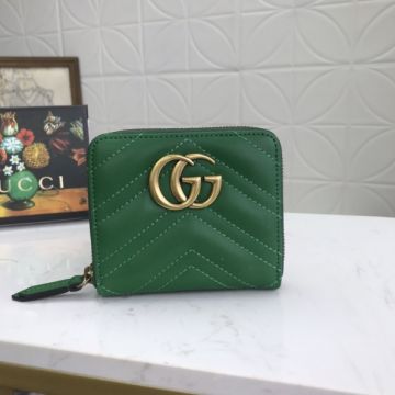 Women's Luxury Gucci Green Quilted Leather G Marmont Yellow Gold GG Signature Short Zipper Wallet