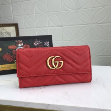 2022 Top Sale Gucci GG Marmont Long Style Red Quilted Leather Brass Logo Magnetic Women Flap Wallet  Online 
