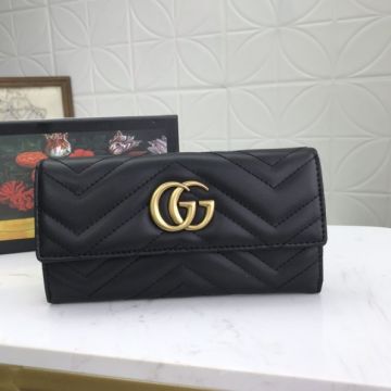 Women's Classic Gucci GG Marmont Yellow Gold GG Logo Signature Flap Design Black Quilted Leather Long Wallet