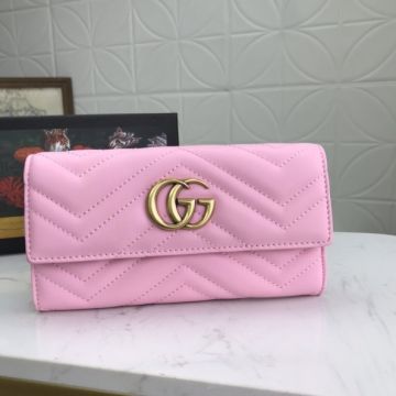 2021 Fashion Gucci GG Marmont Pink Quilted Leather Brass GG Snap Button Female Long Flap Wallet 