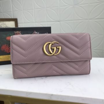 Latest Gucci GG Marmont Wave Motif Quilted Leather Double G Logo Signature Women  Flap Wallet Pink 