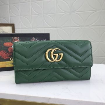 Most Popular Gucci GG Marmont Brass GG Logo Snap Button Dark Green Quilted Leather Long Wallet For Girls