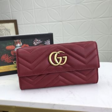 Women's Best Gucci GG Marmont Burgundy Quilted Leather Yellow Gold Plated GG Logo Signature Wome Flap Wallet