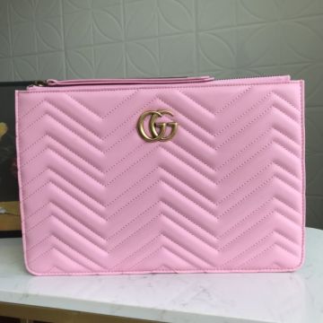  Sweet Style Gucci GG Marmont Quilted Detail Wave Pattern Pink Leather Clutch Bag For Sale