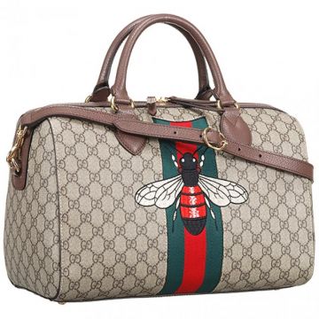 Gucci Grey Web Animalier Boston Bag Bee Pattern With Red & Green Stripe 2018 New Arrival