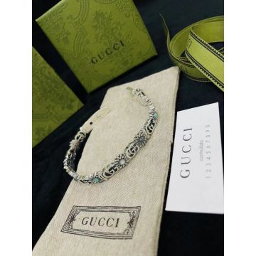 Copy Gucci Marmont Silver Double G Logo Cutout Engraved Vines Leather Buckle Bracelet For Female Best Discount