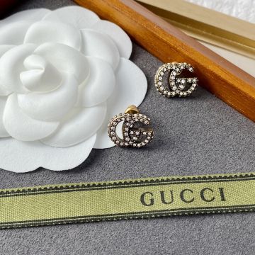 Copy Gucci GG Running Collection Female Aged Finish Brass Full Diamond Classic Double G Earrings Top Quality Jewerly
