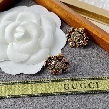 Copy Gucci Female Aged Finish Brass Fancy Coloured Diamond Double G Stripe Detail Flower Earrings