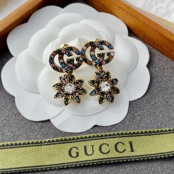 Clone Gucci Flora Full Colorful Gemstone Double G Flower Shape Diamond Detail Drop Earrings For Ladies