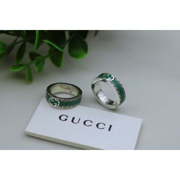 Fake Gucci Epilogue Interlocking G Logo Green Enamel Gemstone Textured Trim Silver Unisex Ring 6MM 645573 J8410 8136