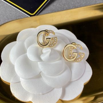 Replica Gucci GG Running Inlaid Crystal Textured Trim Double G Design Gold Simple Earrings For Female Top Quality Product