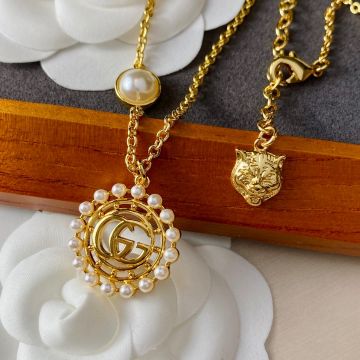 Imitatio Gucci Women'S Double G Logo White Pearl Embellished  Gold Elegant Jewelry Set Necklace/Earrings