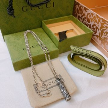 Replica Gucci Aged Finish Engraved Arabesque Cylindrical Pendant Double G Detail Chain Sterling Silver Men'S Necklace